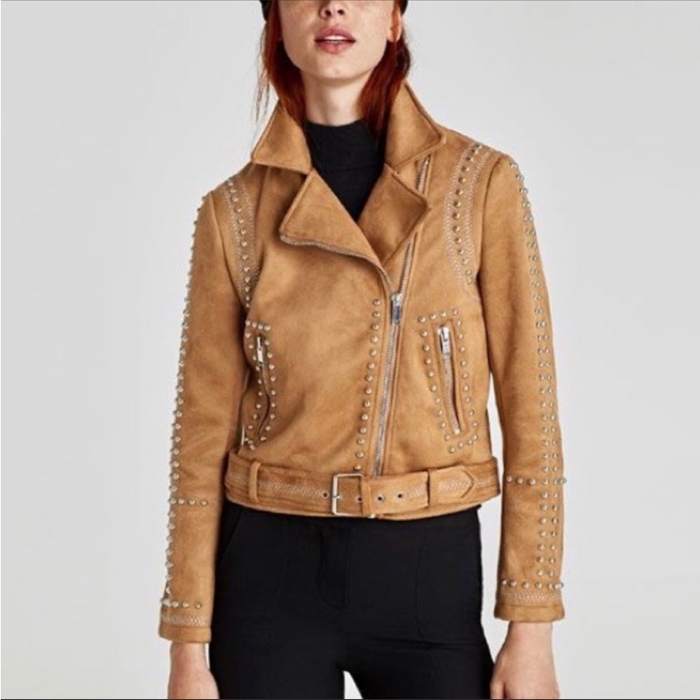 Zara Camel Studded Faux Suede Jacket XS